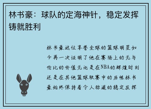 林书豪：球队的定海神针，稳定发挥铸就胜利